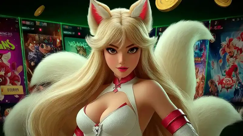 Attractive blonde woman with fox ears standing by colorful slot machine displays