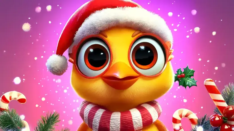 Cute yellow duck mascot wearing Santa hat and striped scarf with holiday decorations